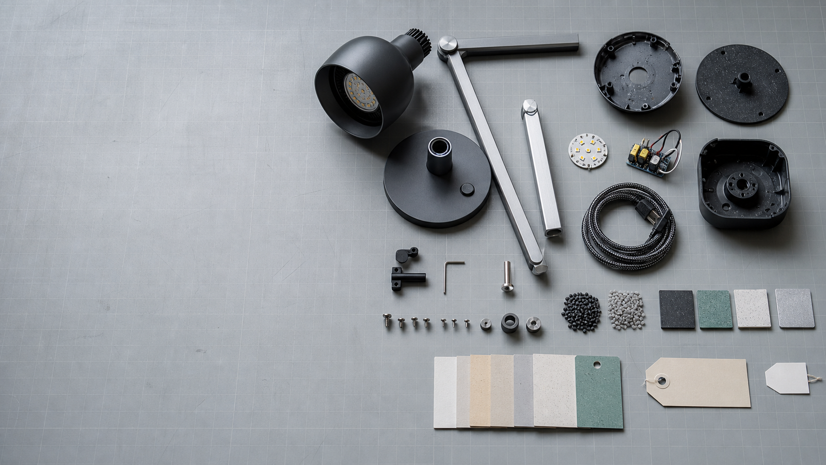 A fictional desk lamp separated into an aluminium base, steel arm, LED board, wiring, fasteners, and three paper evidence records.