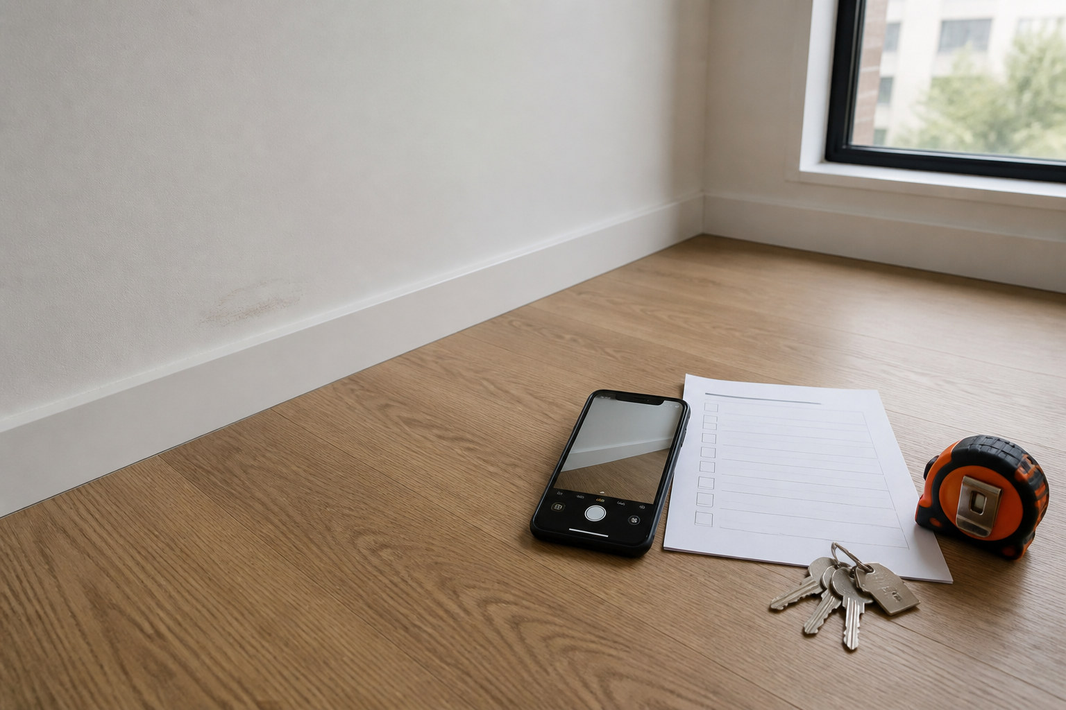Phone, blank condition checklist, keys, and tape measure beside a marked apartment wall
